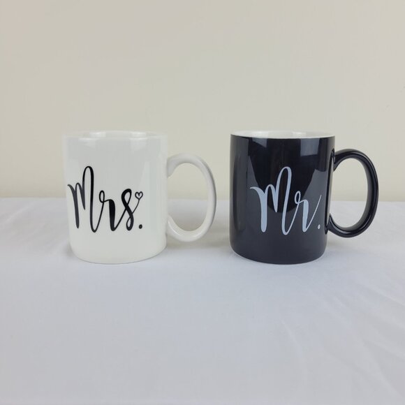 Mr &Mrs mug set Wedding Marriage Gift coffee Cup Black White Bridal His Hers 90s - Picture 3 of 16